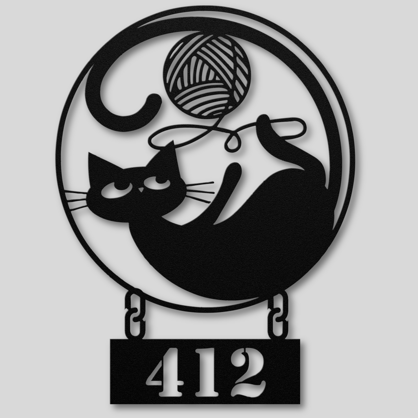 Playful Cat Playing with Yarn: Custom House Number Sign