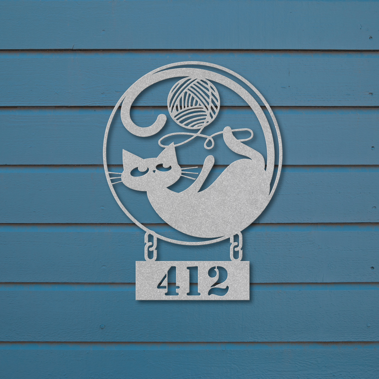 Playful Cat Playing with Yarn: Custom House Number Sign