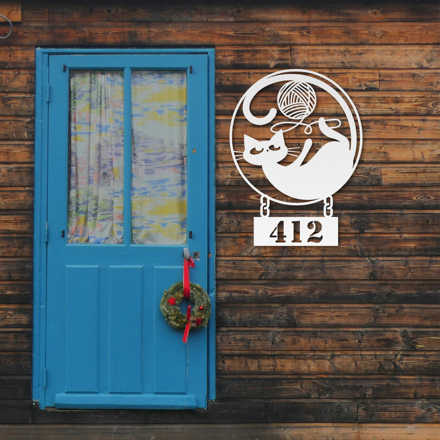 Playful Cat Playing with Yarn: Custom House Number Sign