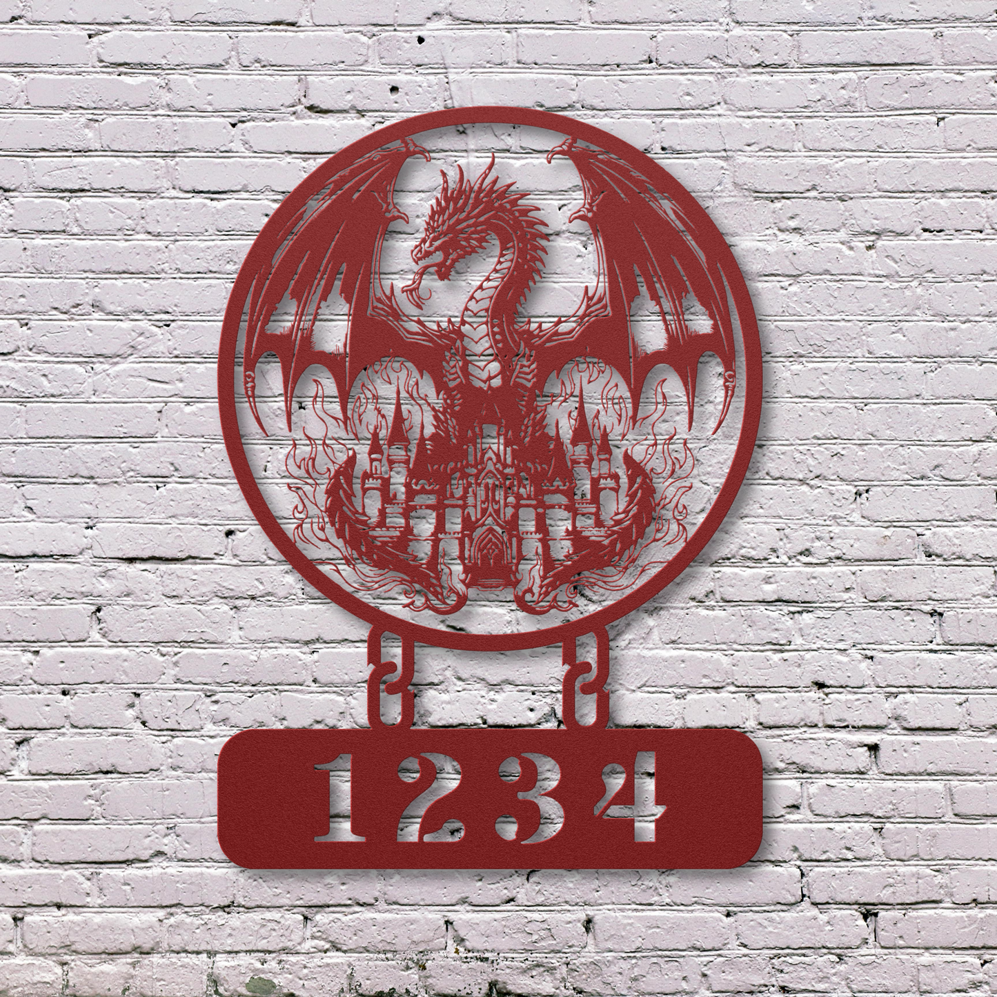 Captivating Dragon on a Fiery Castle Metal Sign: Embrace Fantasy