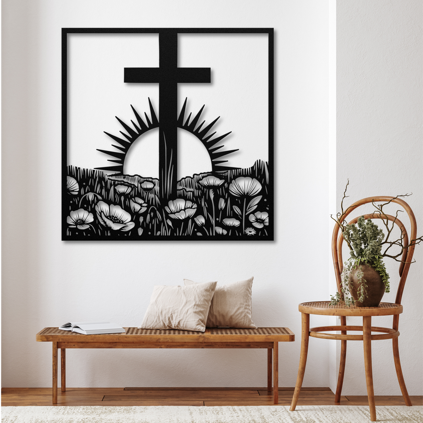 Rustic Cross in a Field Metal Wall Art: Embrace Spirituality