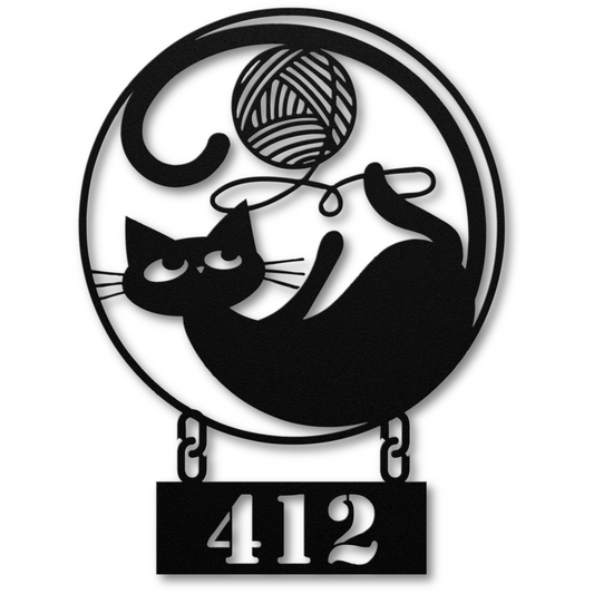Playful Cat Playing with Yarn: Custom House Number Sign