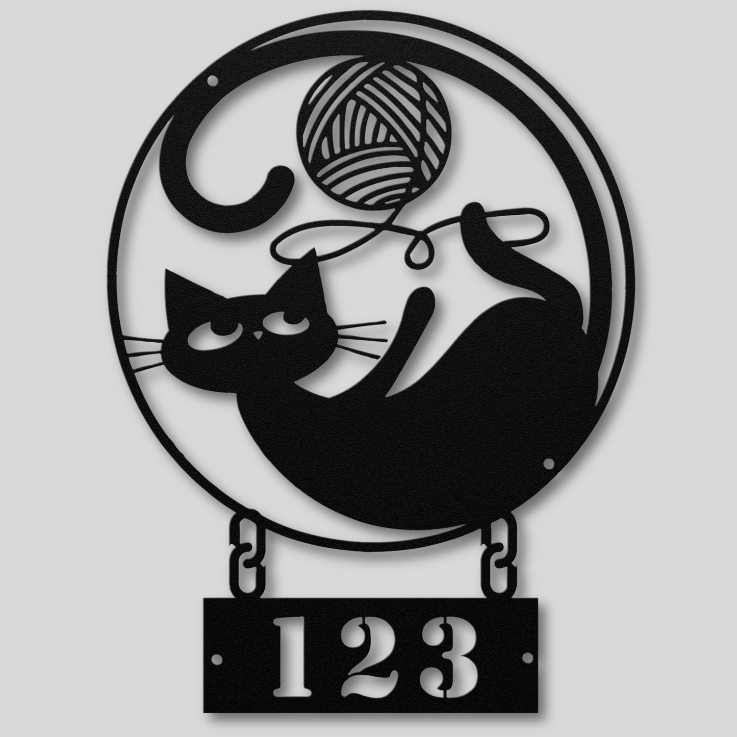 Playful Cat Playing with Yarn: Custom House Number Sign